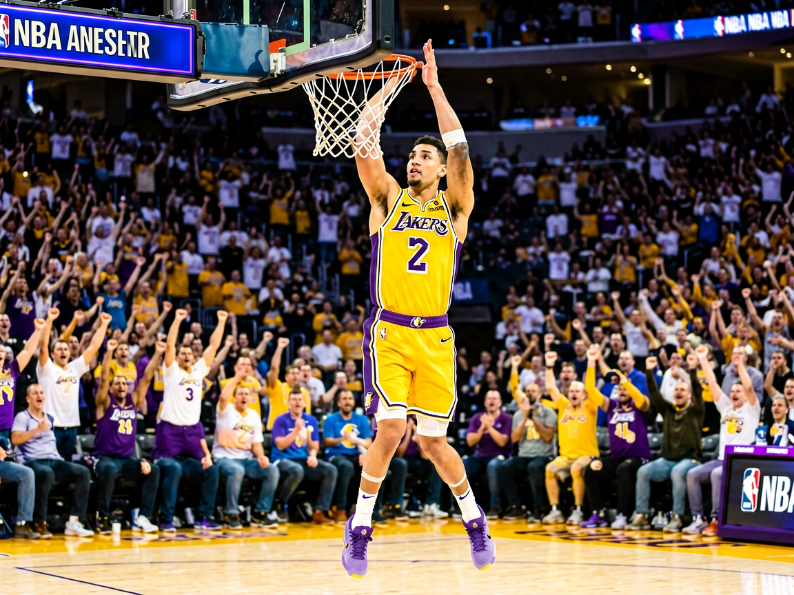 NBA比赛中球员扣篮精彩瞬间,球场观众欢呼